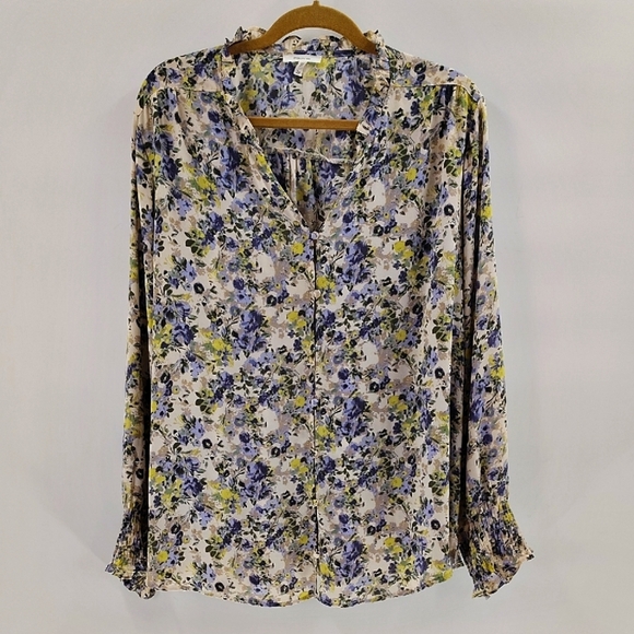 Maurices Button Up Blouse Size 2X Long Sleeve Gray Blue Green Peasant Top - Picture 1 of 9